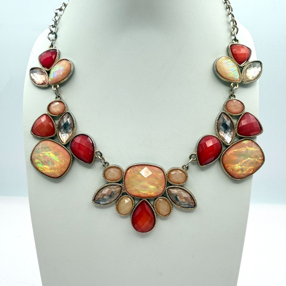 Vintage Peach Faux Opal Statement Necklace Red Cluster Bib Silver Tone Y2K